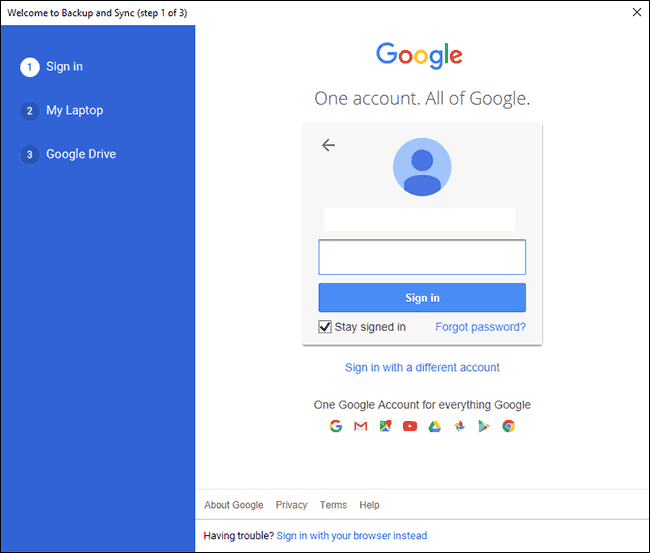 Accedi al tuo account Google nella prima fase della configurazione di Google Backup e Sync
