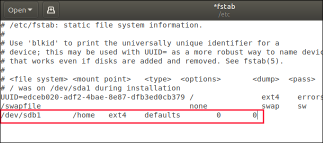 geditを使用してfstabファイルを編集する