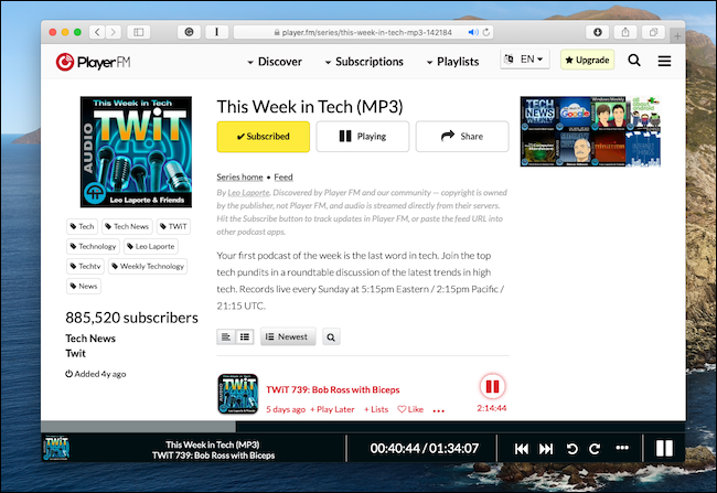 Mac'te Safari'de çalışan Player FM Web oynatıcısı