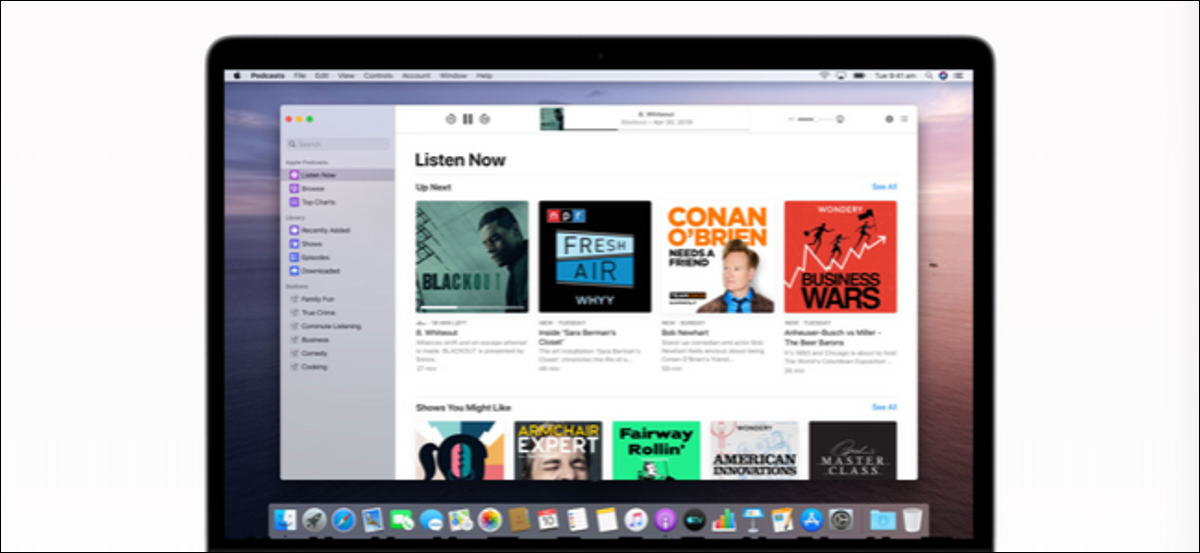 MacBook'ta bir Podcast uygulaması "Şimdi Dinle" menüsü.