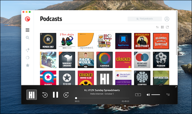 Mac'te Pocket Casts "Podcast'ler" menüsü.