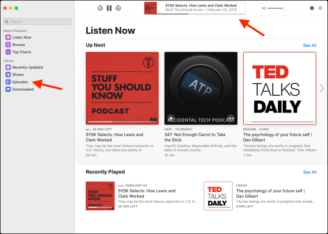 Podcast'ler uygulamasındaki "Şimdi Dinle" menüsü.