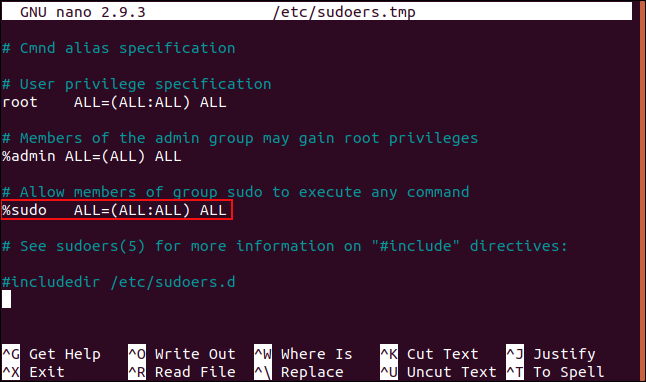 Le fichier sudoers avec la ligne %sudo en surbrillance