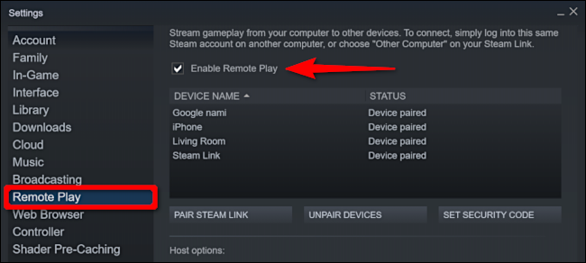 Clique em “Remote Play” e, em seguida, clique na caixa de seleção ao lado de “Enable Remote Play” para habilitar esta opção.
