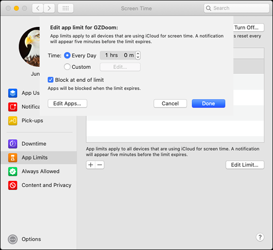 Das Menü „App-Limit bearbeiten“ auf einem Mac.
