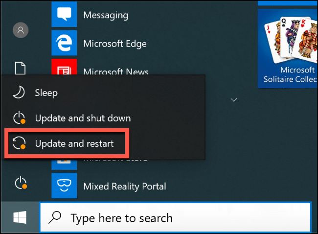 La opción "Actualizar y reiniciar" en el menú Inicio de Windows 10.