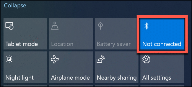 Haz clic en el mosaico "Bluetooth" para apagarlo y volverlo a encender.