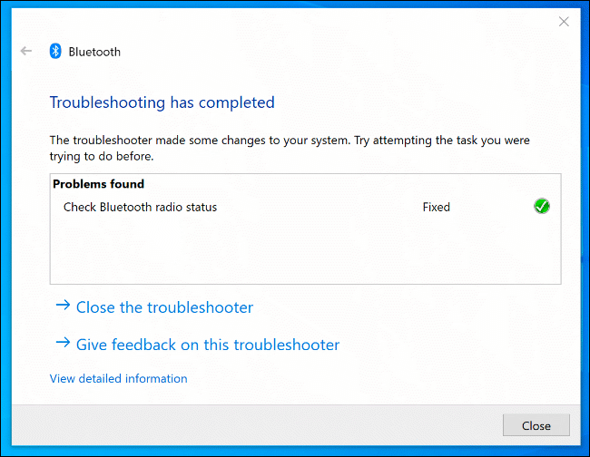 La herramienta Solucionador de problemas de Windows, con problemas de Bluetooth identificados detectados y reparados.