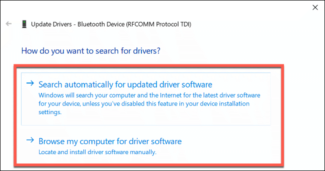 La ventana "¿Cómo desea buscar controladores?" Opciones en Windows 10.