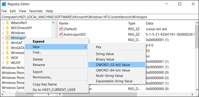 Klik kanan pada kunci baru dan klik New > DWORD (32-bit) Value.