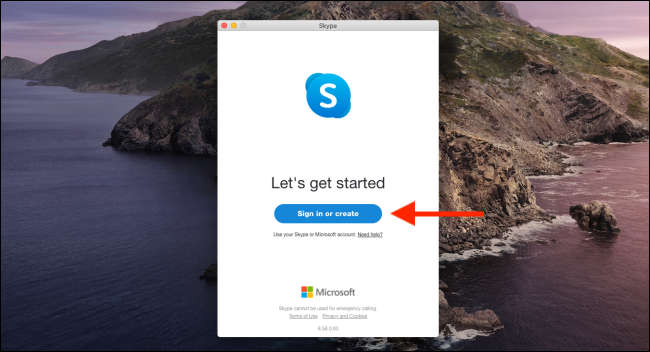 Klik "Masuk atau Buat" untuk masuk ke Skype.