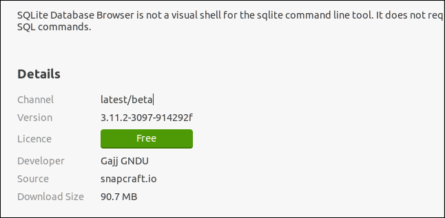 Snap-spezifische Informationen zu SQLITebrowser in der Ubuntu-Softwareanwendung.