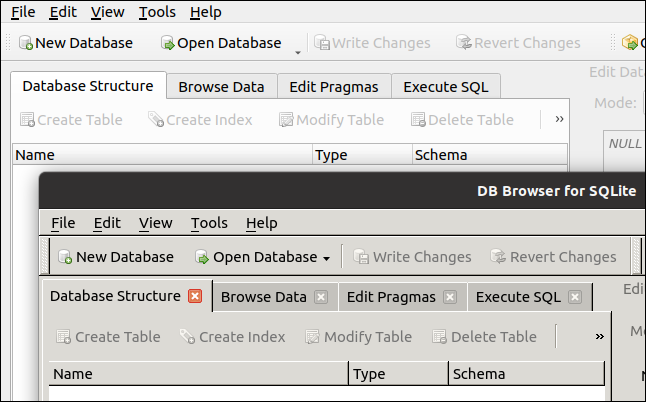 Zwei Versionen von DB Browser for SQLite, die in GNOME ausgeführt werden.