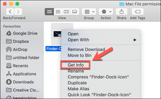 Cliquez avec le bouton droit sur un fichier et appuyez sur Obtenir des informations pour accéder aux autorisations de fichier sur macOS