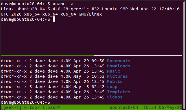 Zwei verschiedene Befehle in zwei Fenstern in einer tmux-Sitzung in einem Terminalfenster.