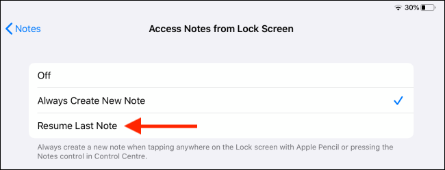 Akses Catatan dari opsi layar Kunci