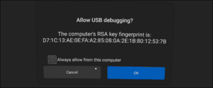 La richiesta di autorizzazione "Consenti debug USB".