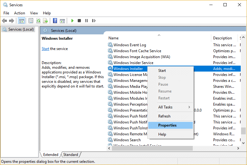Kliknij prawym przyciskiem myszy usługę Instalator Windows, a następnie wybierz Właściwości