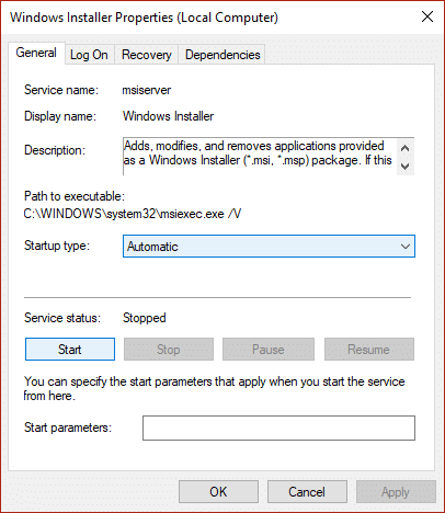 upewnij się, że typ uruchamiania Instalatora Windows jest ustawiony na Automatyczny i kliknij Start