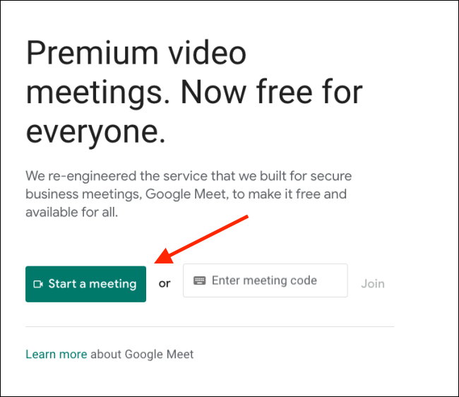 Clique em Iniciar uma reunião no Google Meet