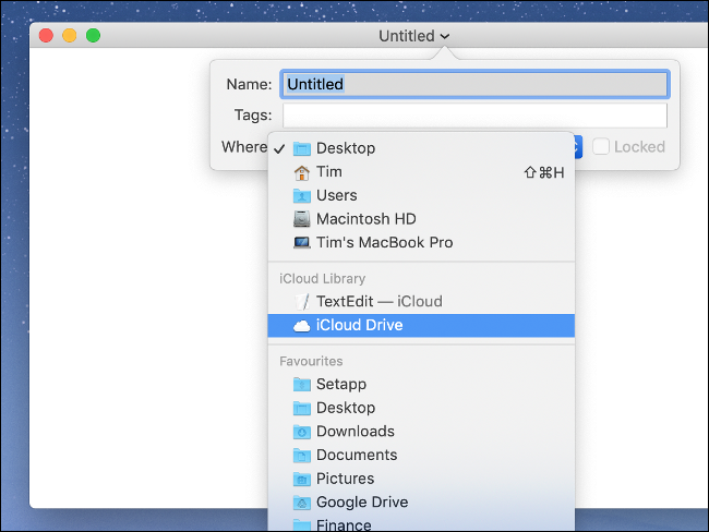حدد "iCloud Drive" عند حفظ المستندات في iCloud عبر macOS.