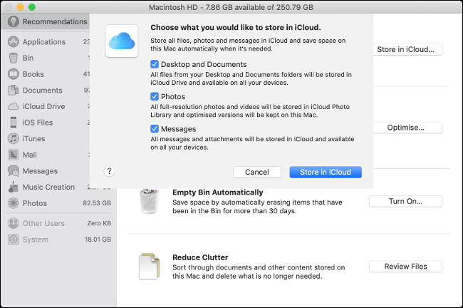 قائمة "اختر ما تريد تخزينه في iCloud" على نظام macOS.