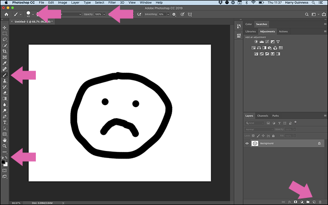 Setas apontando tudo o que você precisa clicar na interface do Photoshop apenas para pintar um círculo preto.