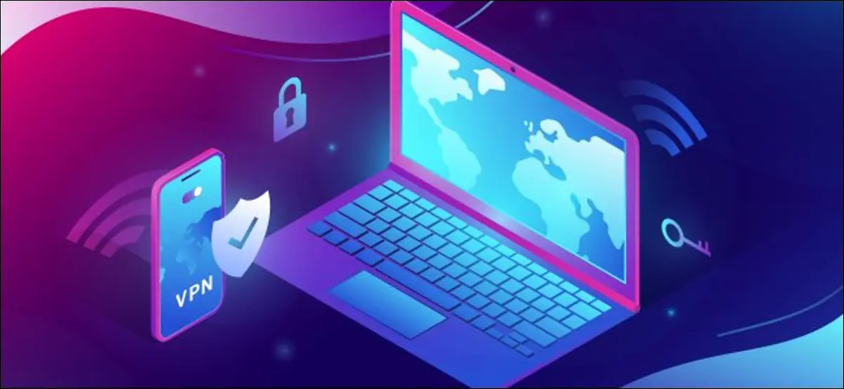 رسم توضيحي رقمي لهاتف ذكي وجهاز كمبيوتر محمول متصل بشبكة VPN.
