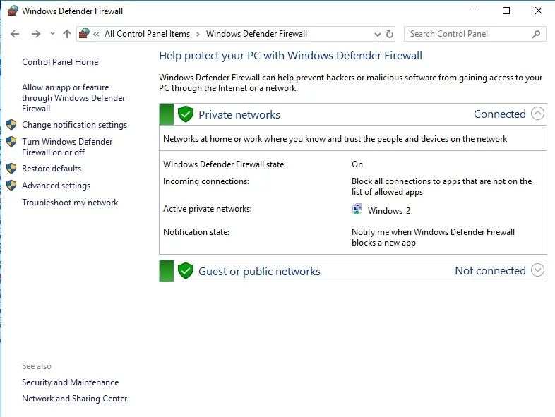 Wyłącz Zaporę systemu Windows, aby sprawdzić, czy blokuje ona klienta DHCP