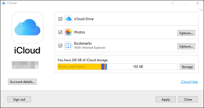 Панель управления «iCloud» в Windows 10.