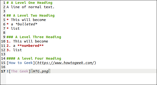 Markdown-Text in der Datei sample.md in einem Gedit-Editorfenster.