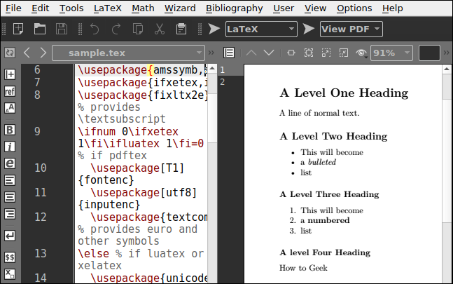 Eine in Texmaker geöffnete LaTeX-Datei, die eine Vorschau der Satzseite zeigt.