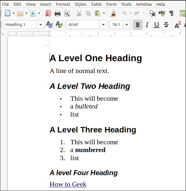 Ein ODT-Dokument, das aus Markdown gerendert und in LibreOffice Writer geöffnet wurde.