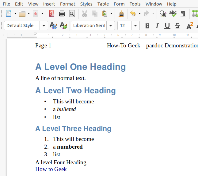 Eine aus Markdown gerenderte ODT-Datei mit einem LibreOffice-Dokument, das als Stylesheet fungiert, in einem LibreOffice Writer-Fenster.