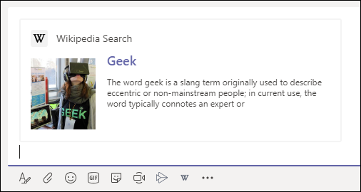 Un rezultat al căutării Wikipedia adăugat la un chat.