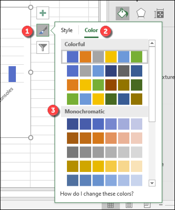 Faceți clic pe fila „Culoare” din meniul de opțiuni „Stil diagramă” pentru a schimba culorile utilizate în diagrama cu bare Excel