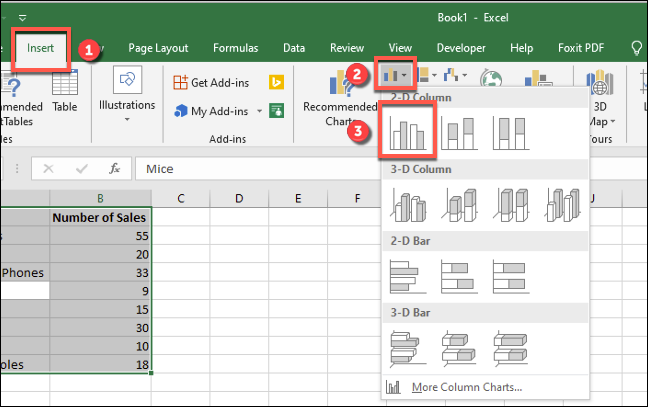 Apăsați Inserare > Inserați coloană sau diagramă cu bare > Diagramă grupată pentru a insera o diagramă cu bare standard în Excel