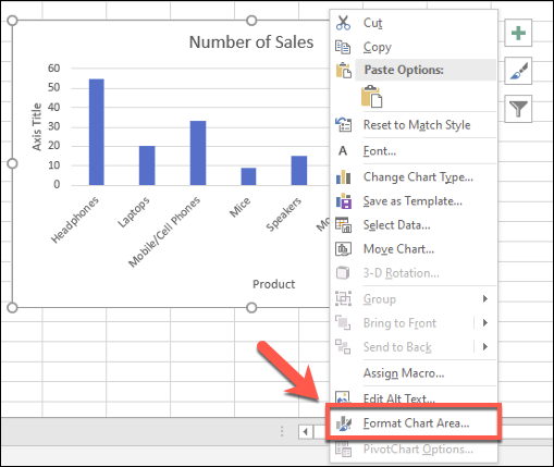 Puteți face modificări suplimentare de formatare a unei diagrame cu bare Excel făcând clic dreapta pe diagramă și făcând clic pe opțiunea „Format zona diagramă”