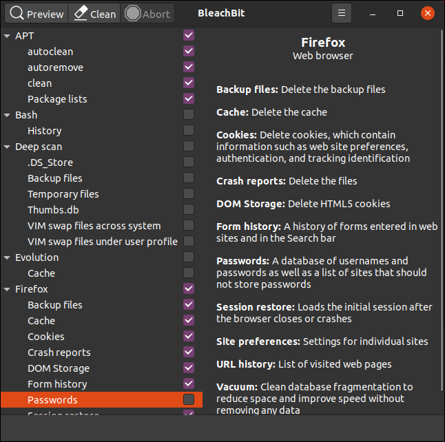 Categoria „Parole” evidențiată sub „Firefox” din stânga și opțiunile din dreapta.