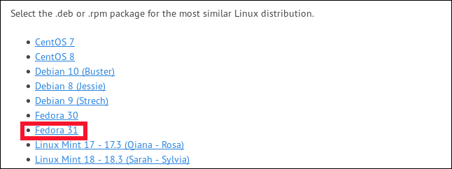 Faceți clic pe „Fedora 31”.
