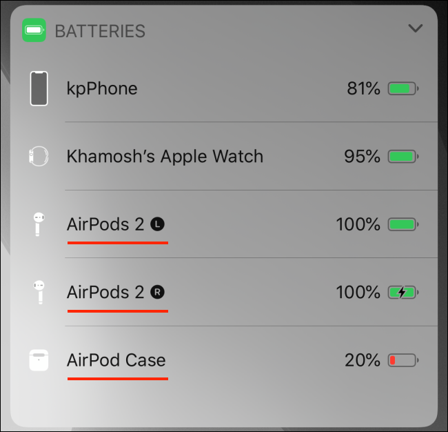 تُظهر أداة البطاريات بطارية AirPods على iPhone