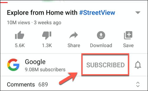 [購読済み]をタップして、YouTubeアプリのビデオの購読を解除します