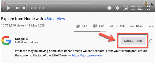 [購読済み]ボタンをクリックして、ビデオのYouTubeチャンネルの購読を解除します
