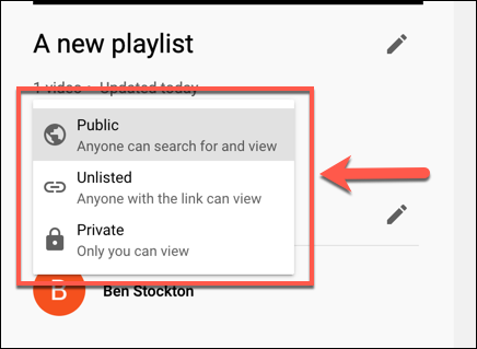 ドロップダウンメニューから、YouTubeプレイリストのプライバシーレベルを公開、非公開、または非公開に設定します