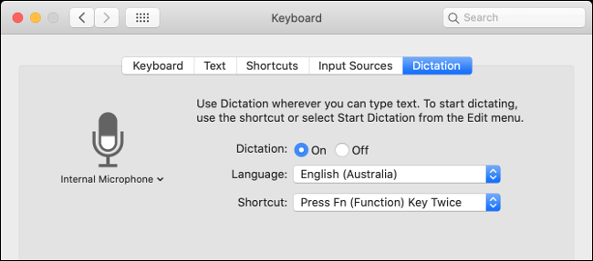 As configurações de "Ditado" no menu "Teclado".