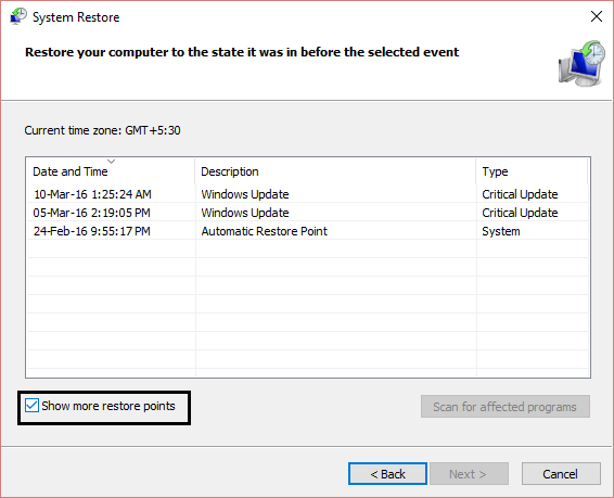 afișați mai multe puncte de restaurare a sistemului