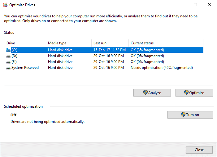 analyser et optimiser la défragmentation des disques | Utilisation élevée du processeur et du disque Windows 10