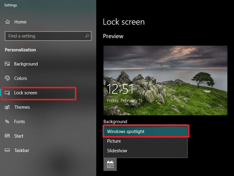 Dans le menu déroulant Arrière-plan, sélectionnez Windows Spotlight | Utilisation élevée du processeur et du disque Windows 10