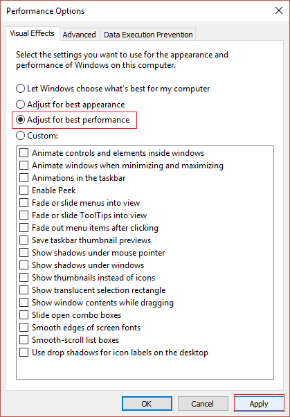 sélectionnez Ajuster pour obtenir les meilleures performances sous l'option de performance