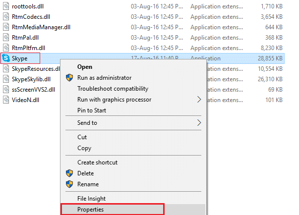 faites un clic droit sur skype et sélectionnez les propriétés